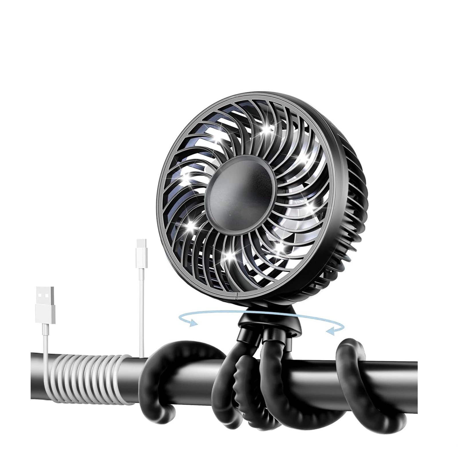 Ventilador Portátil Recarregável USB para Carrinho de Bebê e Mesa - Mini Ventilador de Mão com 3 Velocidades, Pé Flexível e Design Octopus (Preto).