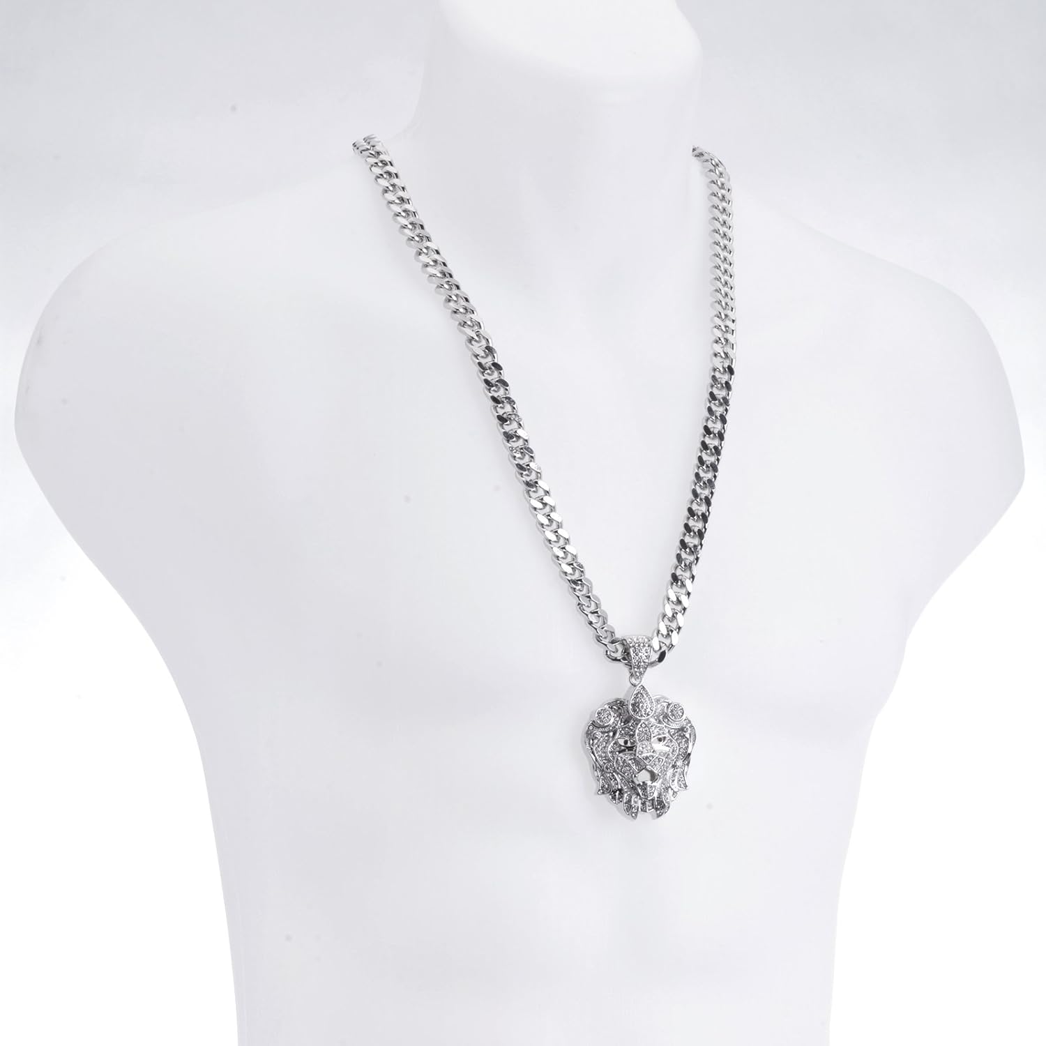 Full Iced Out Rapper Hip Hop Men's Silver Plated Iced Lion Head Pendant 30" Heavy Cuban Chain Necklace HC 6037 S - Image 3