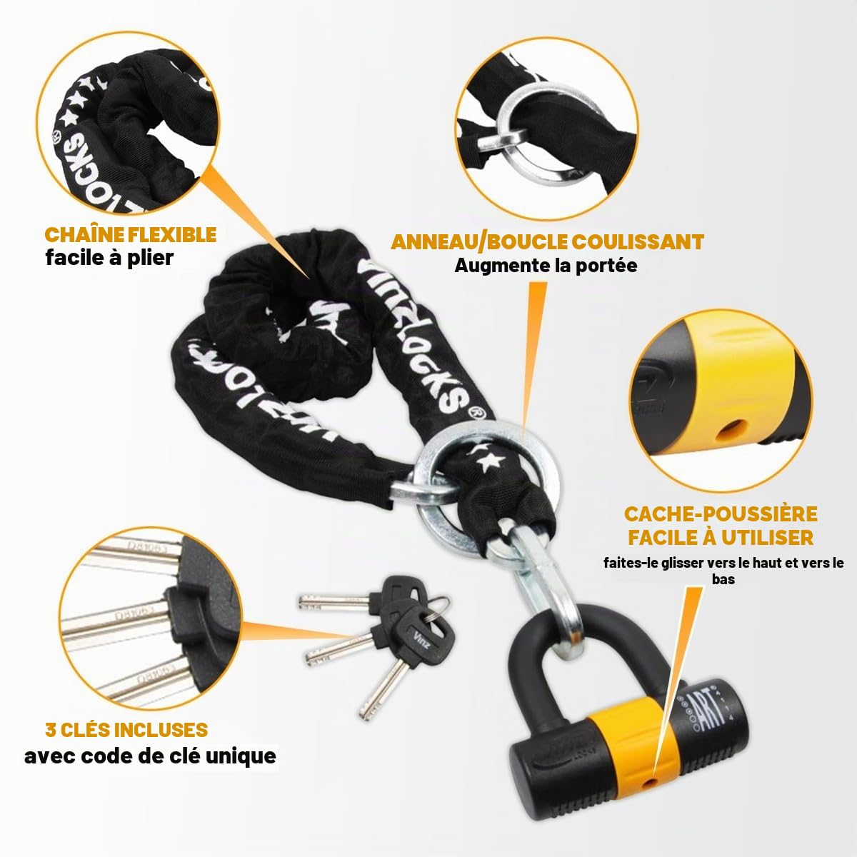 VINZ Kungur Antivol Scooter | Cadenas de chaîne ø10mm | Certification Art 3 |pour Moto, cyclomoteur, vélo électrique | Verrouillage de chaîne Loop U-Lock sécurisé | 100-300 cm x (100 cm)
