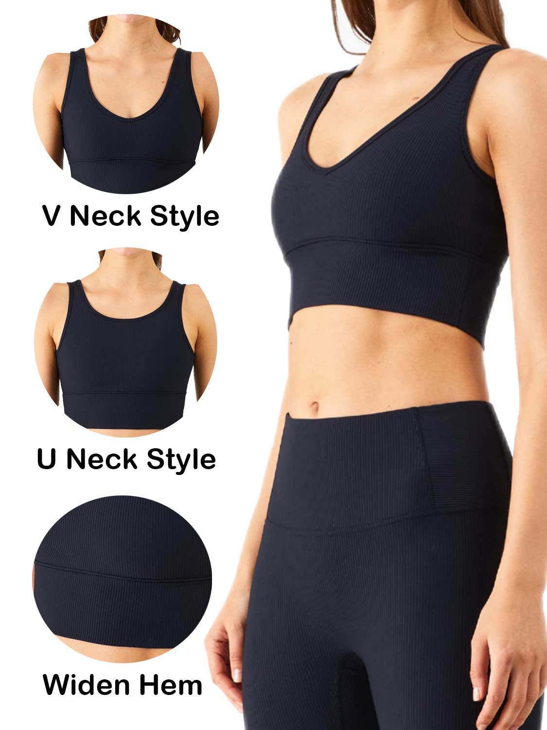 Longline Reggiseno Sportivo Canotta Reggiseno Top per le Donne Senza Soluzione di continuità Reggiseno Sportivo a Costine Top di Allenamento Imbottito Crop Top, U-nero, L