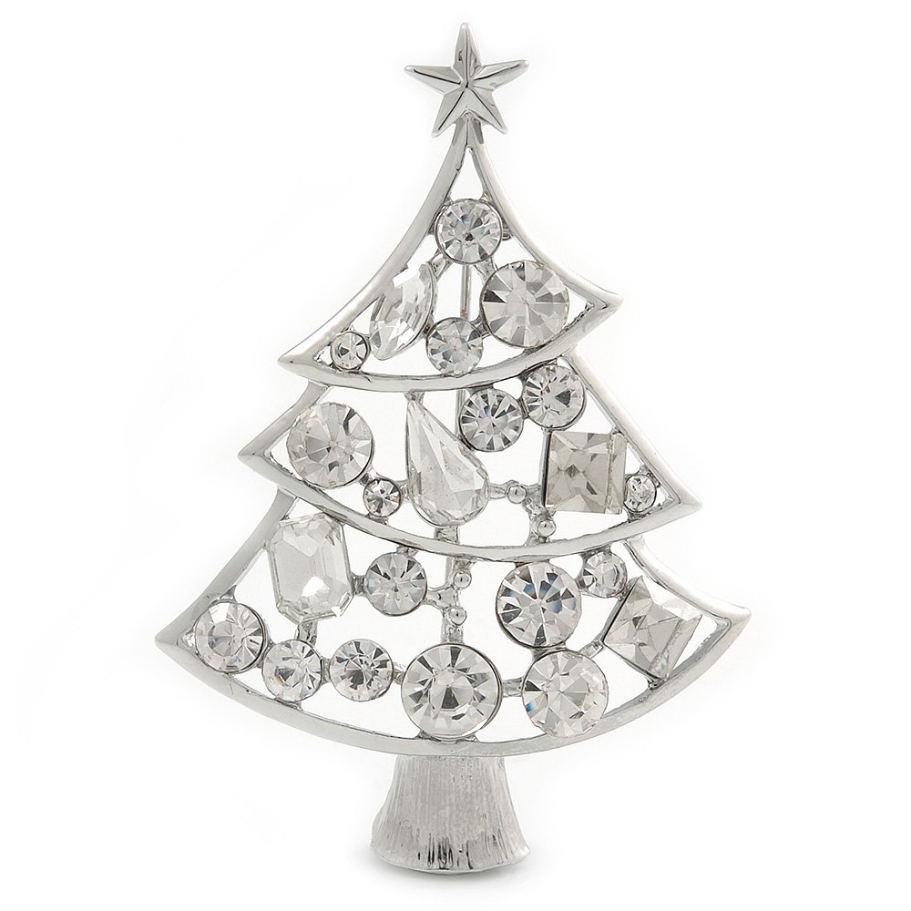 Avalaya Holly Jolly Clear Austrian Crystal Christmas Tree Brooch in Rhodium Plating - 65mm L