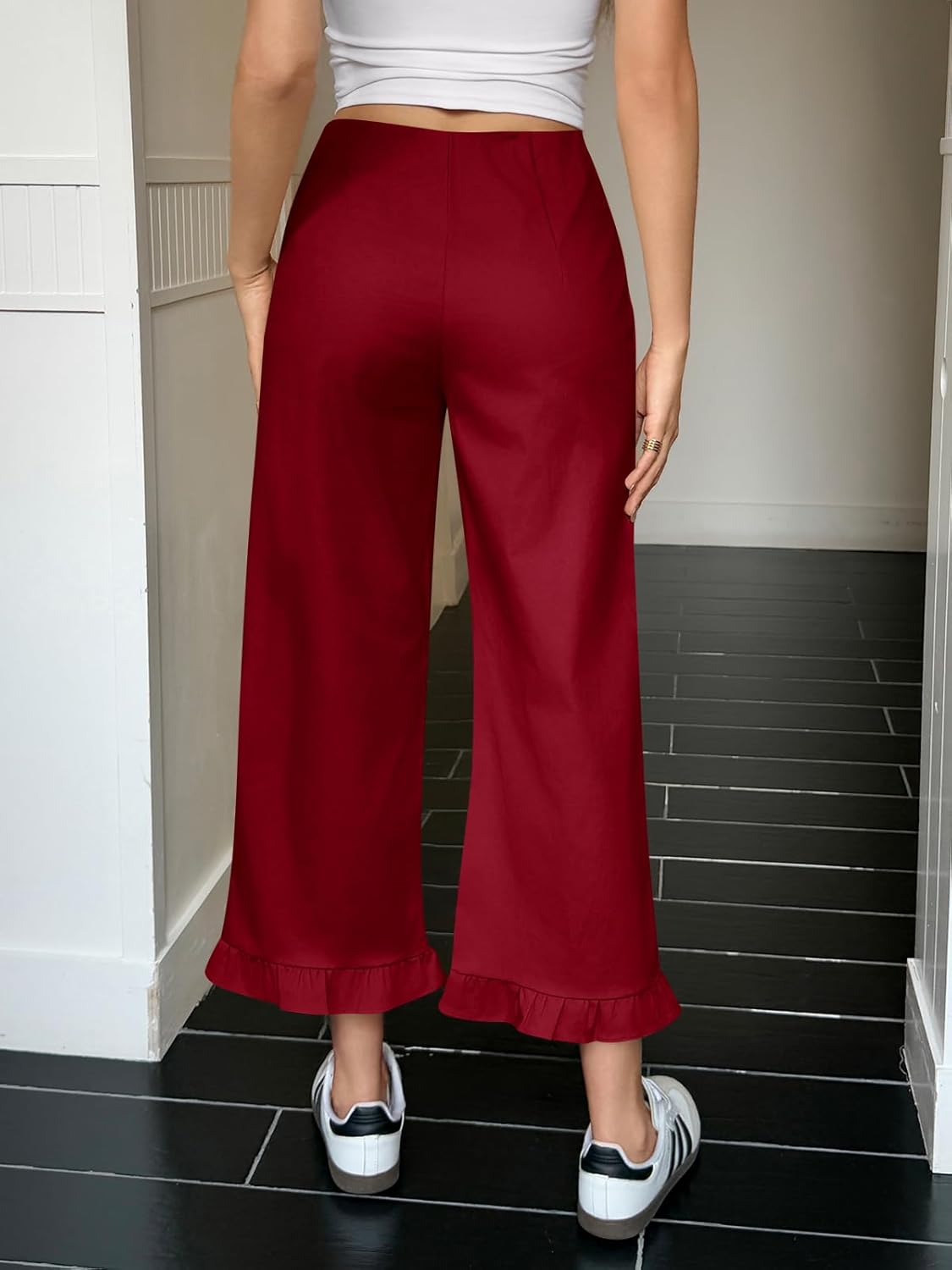 Cicy Bell Womens Wide Leg Capris Pants Casual High Waisted Ruffle Hem Zipper Loose Fit Trousers with Pockets - Image 5