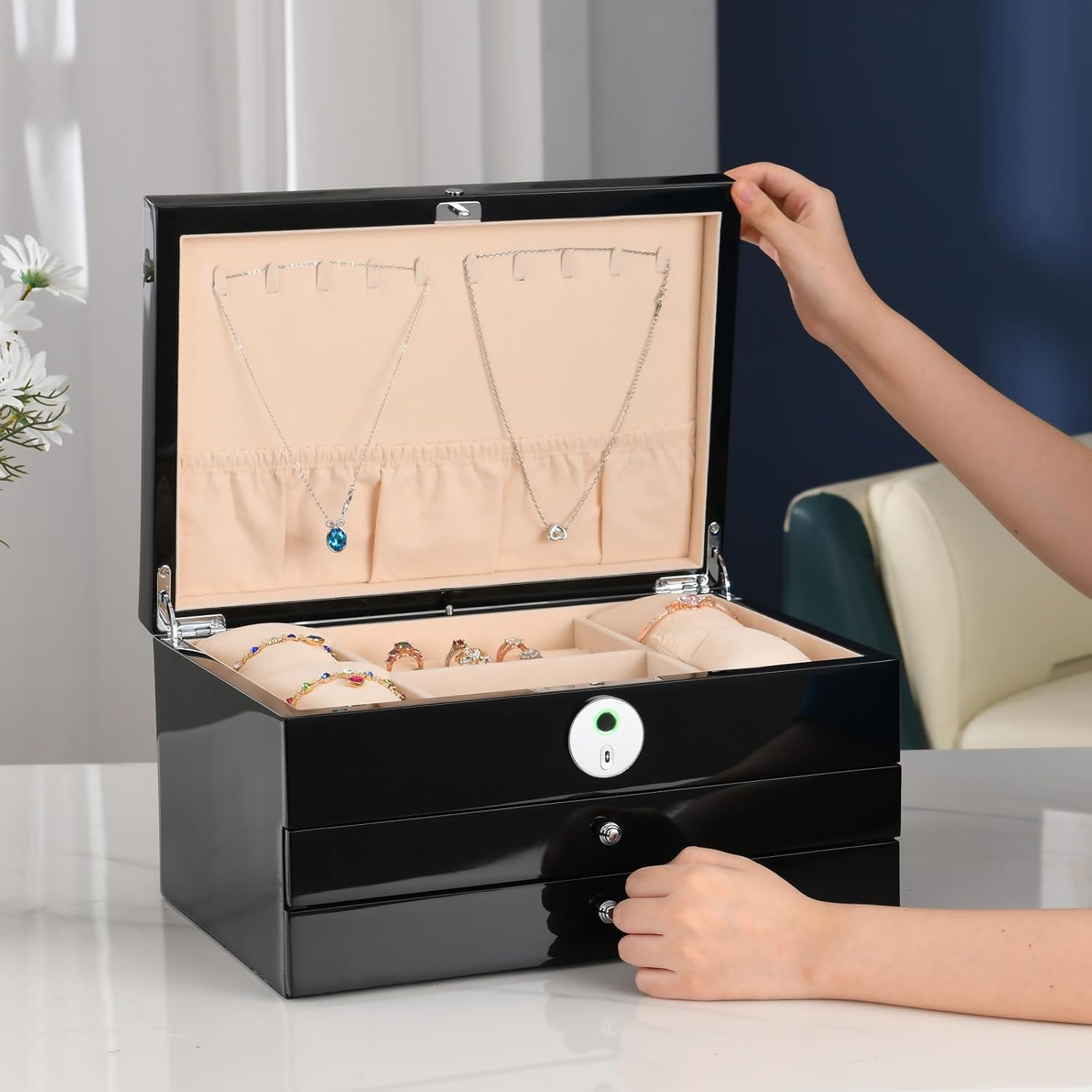 Jewelry Box with Fingerprint Lock, Black Wood Piano Lacquer Jewellery Organizer Storage Box with Drawer, 3-layer Full Lockable, for Women or Men's gift - Image 9
