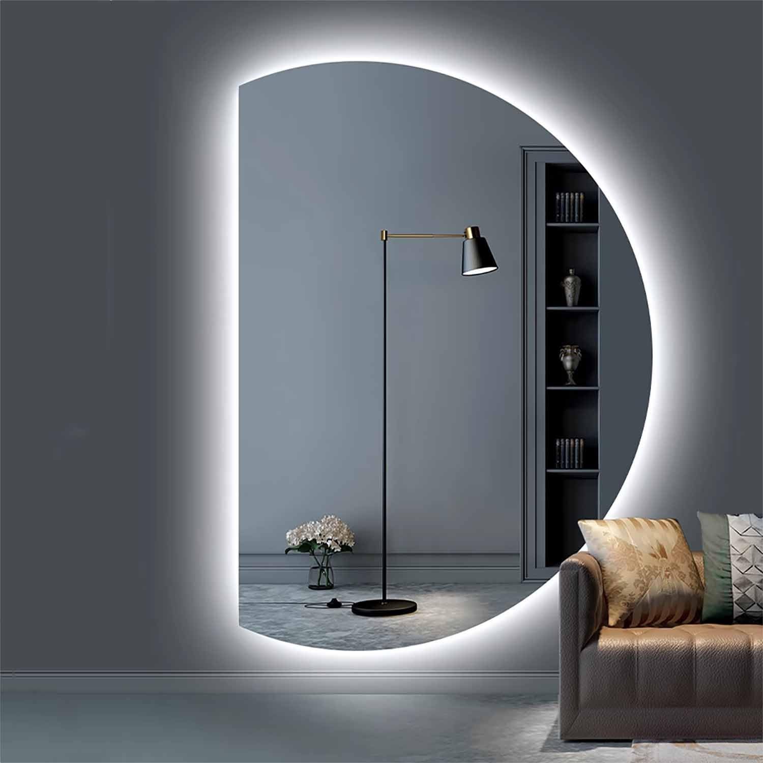 FGXHHS Modern Half Moon Bathroom Wall Mirror, 3000K-6000K Dimmable Lighted Vanity Frameless Backlit Home Decor, 110/120/130cm Large Semi-Circular(Leftcut,90cm/35)
