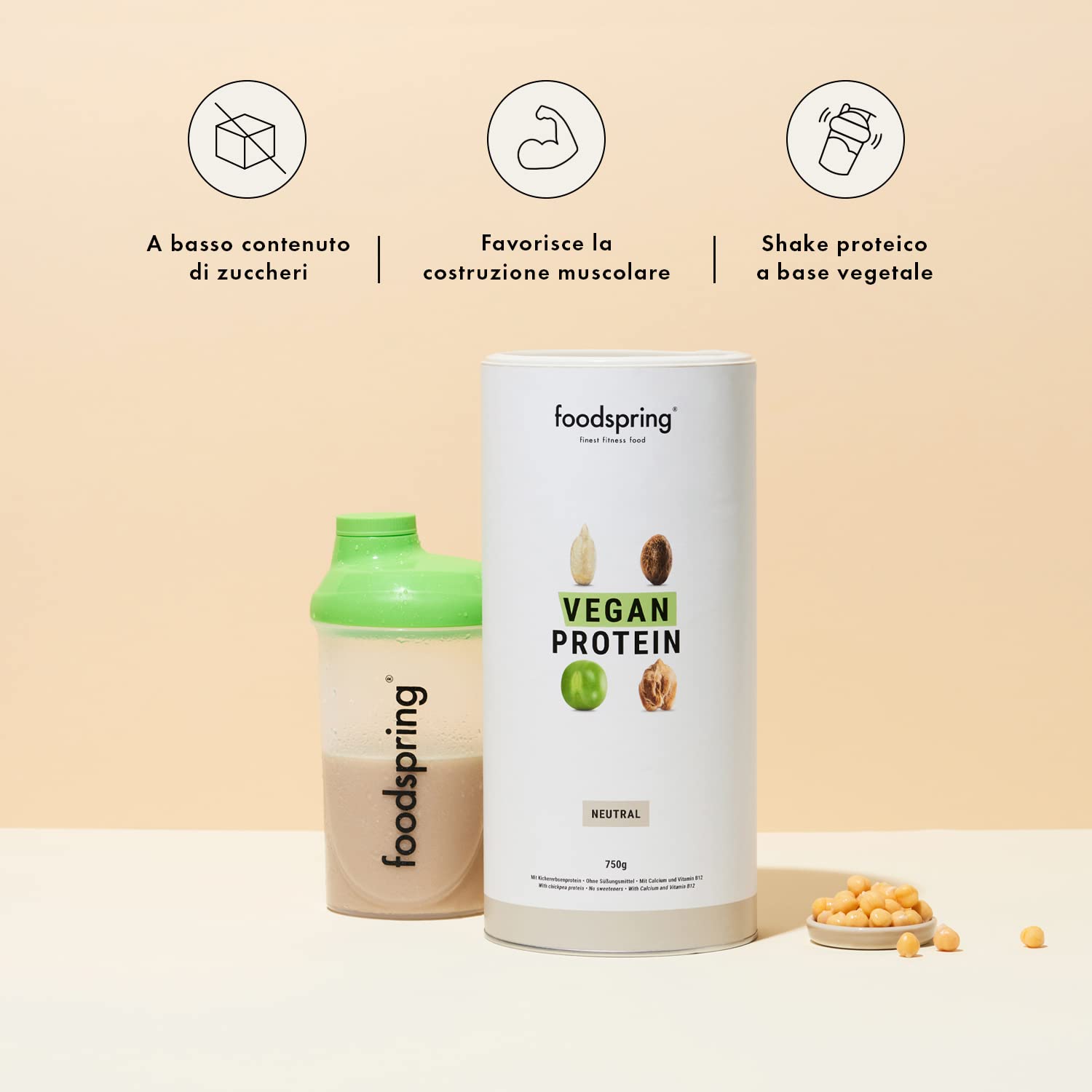 foodspring Proteine Vegane, Neutro, 750g, Proteine da pisello, Ceci, Canapa e girasole, Potere vegetale per muscoli di acciaio