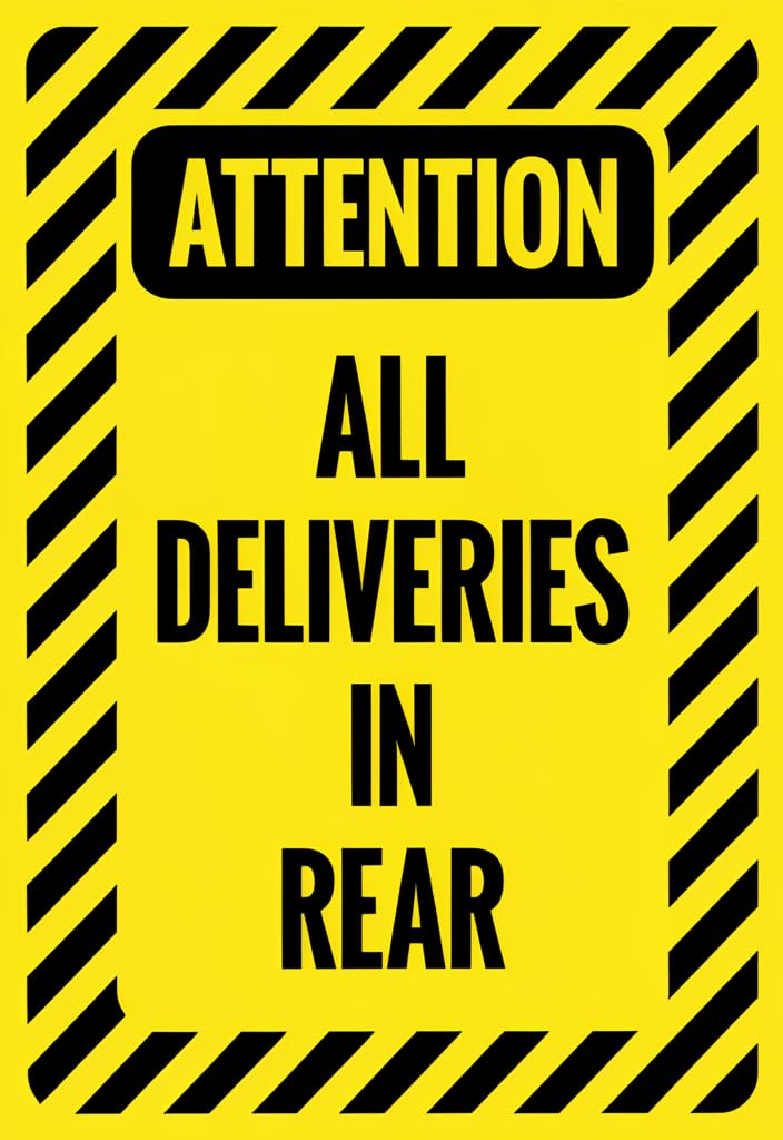peiyeety Attention All Deliveries In Rear Tin Sign 12x8 Inch, Yellow & Black Hazard Stripe Metal Wall Decor, Delivery Door Notice Sign for Warehouse, Back Door, Garage, Office, Gift Idea