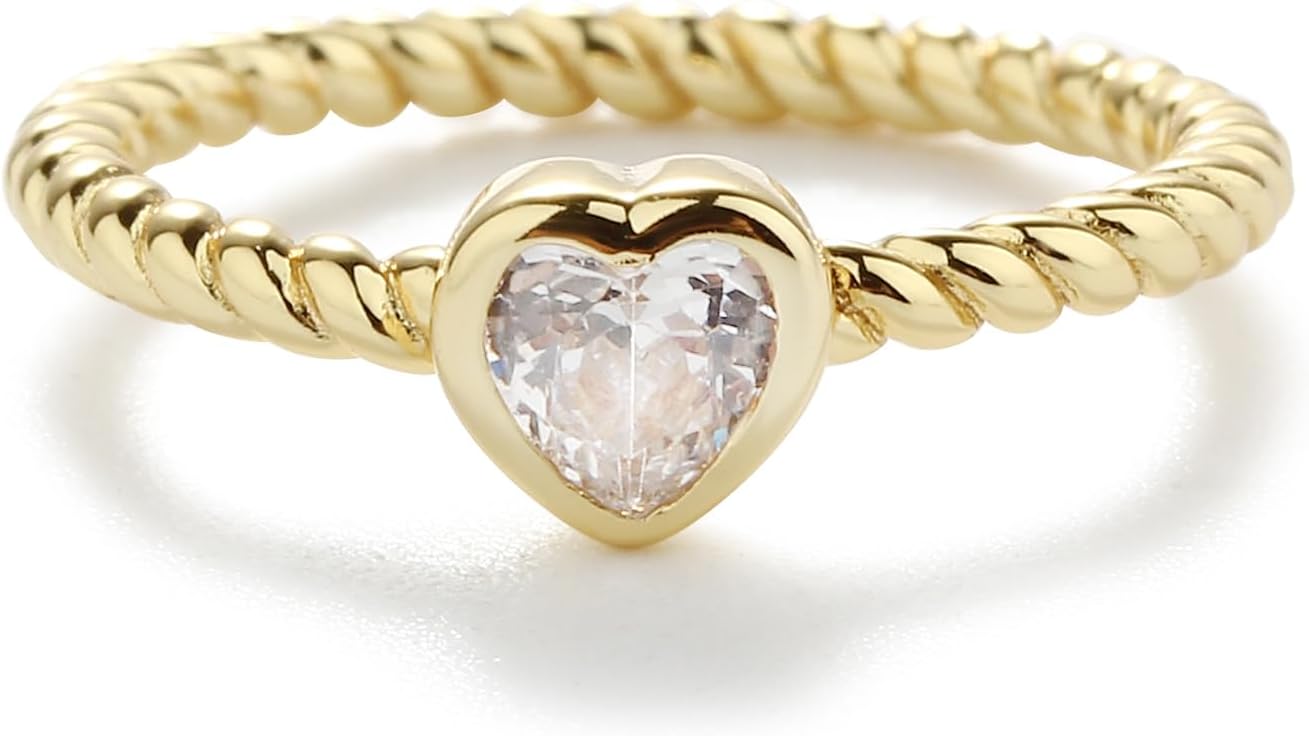 Precious Pieces 14 Gold-Plated Twisted Rope Band Baby Ring with Heart CZ Stones for Babies, Infants, Toddlers, Little Girls, Stackable or Pinky Jewelry for Teens and Women