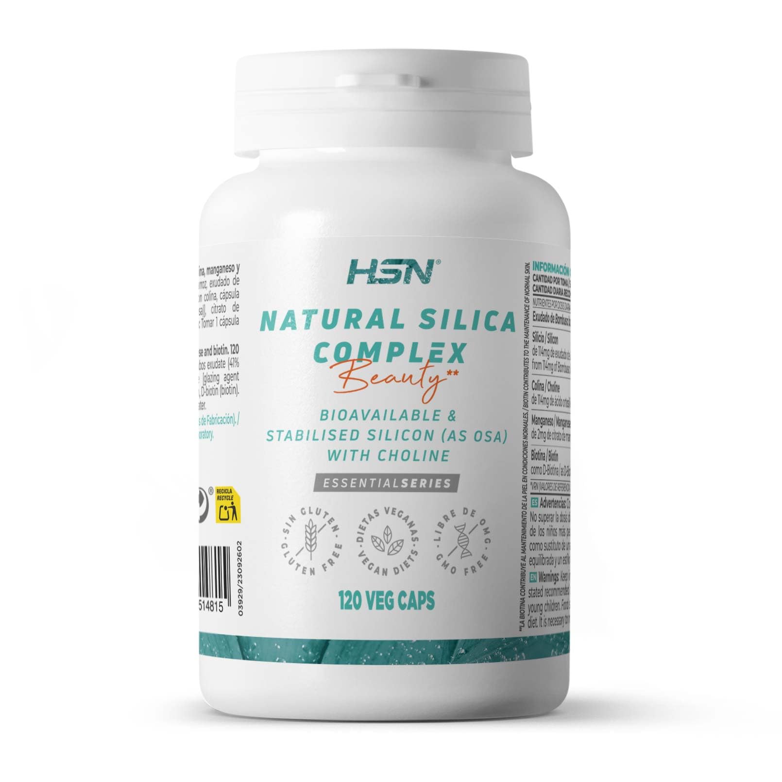 HSN Silicio Natural Complex | 120 Cápsulas Vegetales | Silicio de ALTA Biodisponibilidad procedente de OSA (Ácido Ortosilícico estabilizado con Colina) + Exudado de Bambú | No-​GMO, Vegano, Sin Gluten