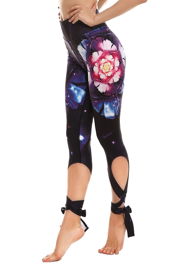 JORYEE Women's High Waist Bandage Tie Cut Out Print Workout Yoga Capri Leggings Tight