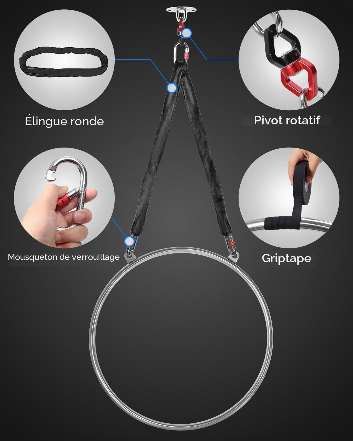 DASKING Cerceau aérien à 2 Points – 80 85 90 cm en Acier Inoxydable avec Sac Portable, capacité de 226 kg, kit d'anneau de gréement à Suspendre pour Fitness, Cirque, entraînement acrobatie, Danse