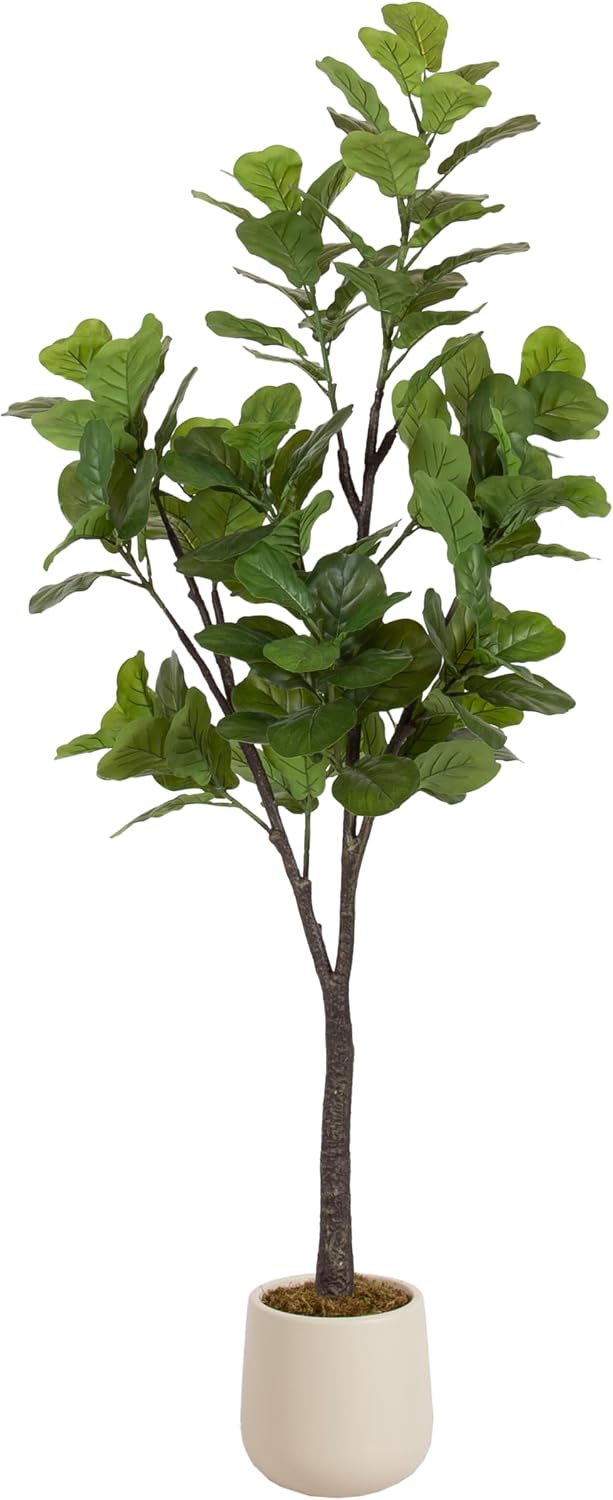 Kate and Laurel Fidmont Faux Fiddle Fig Tree with Jia Curved Planter Pot, 6 FT, Cream, Potted Artificial Tree Indoor with Realistic Foliage and Added Moss, Fake Plant for Living Room Decor