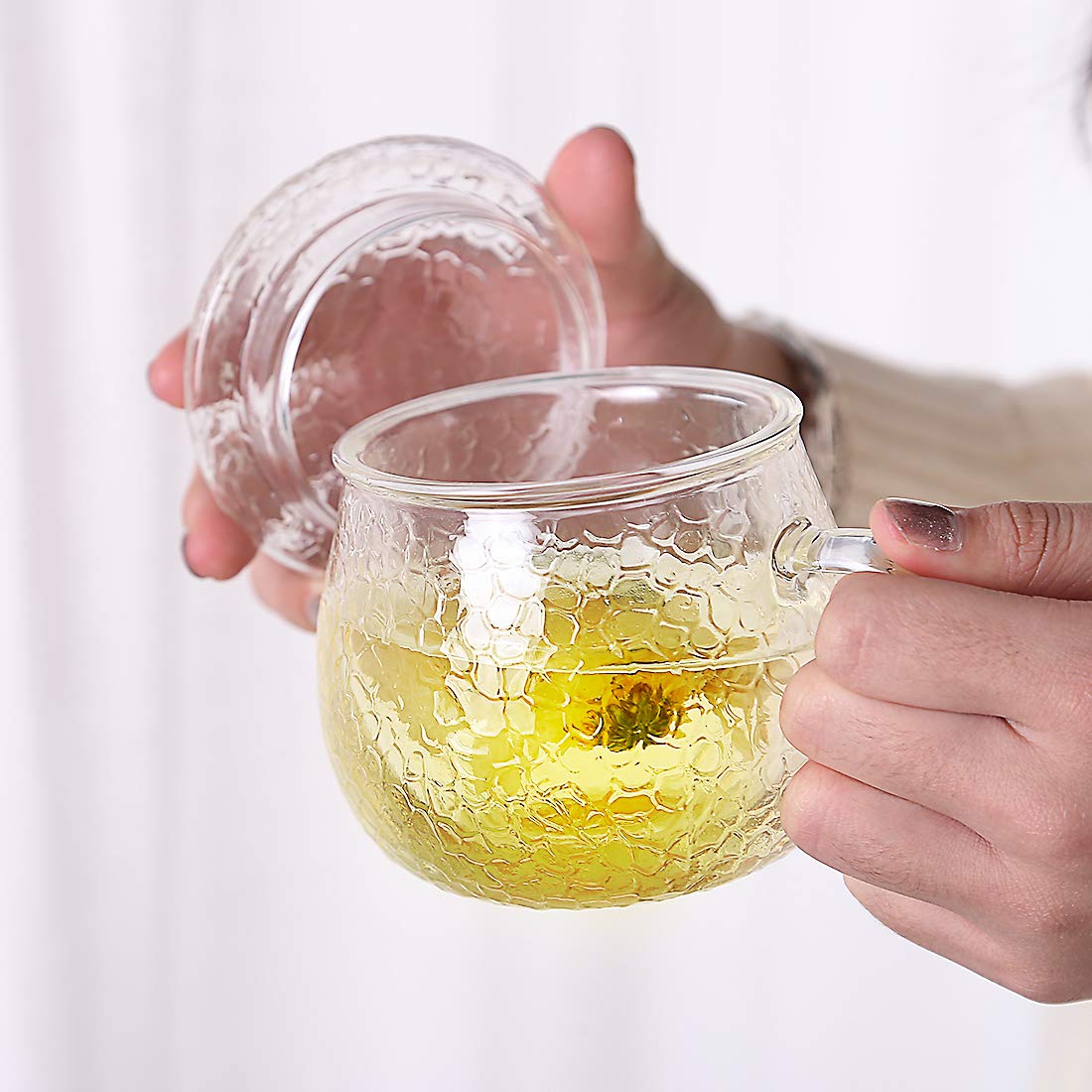 Glass Tea Cup with infuser and Lid- BEYONDA Lead-Free Unique Glass Coffee Cup with Handle Clear Flower Tea Coffee Pot, Perfect for loose Leaf Tea 430ML/14.7oz