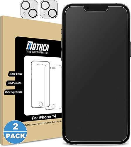 Mothca Paquete de 2 protectores de pantalla de vidrio mate para iPhone 14 con 2 protectores de lente de cámara, antirreflejos y antihuellas