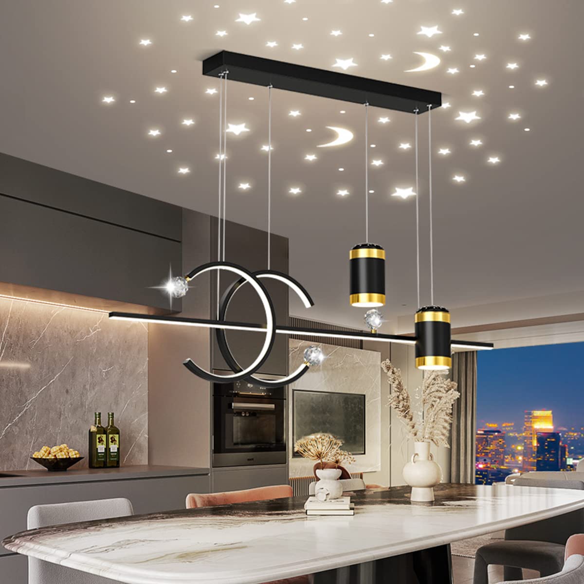 Bellastein Moderne LED Esstisch Hängelampe Neu Entwurf sternenklarer Himmel Pendelleuchte Höhenverstellbar Fernbedienung Hängeleuchte für Esszimmer Wohnzimmer Büro Pendellampe (Schwarz)