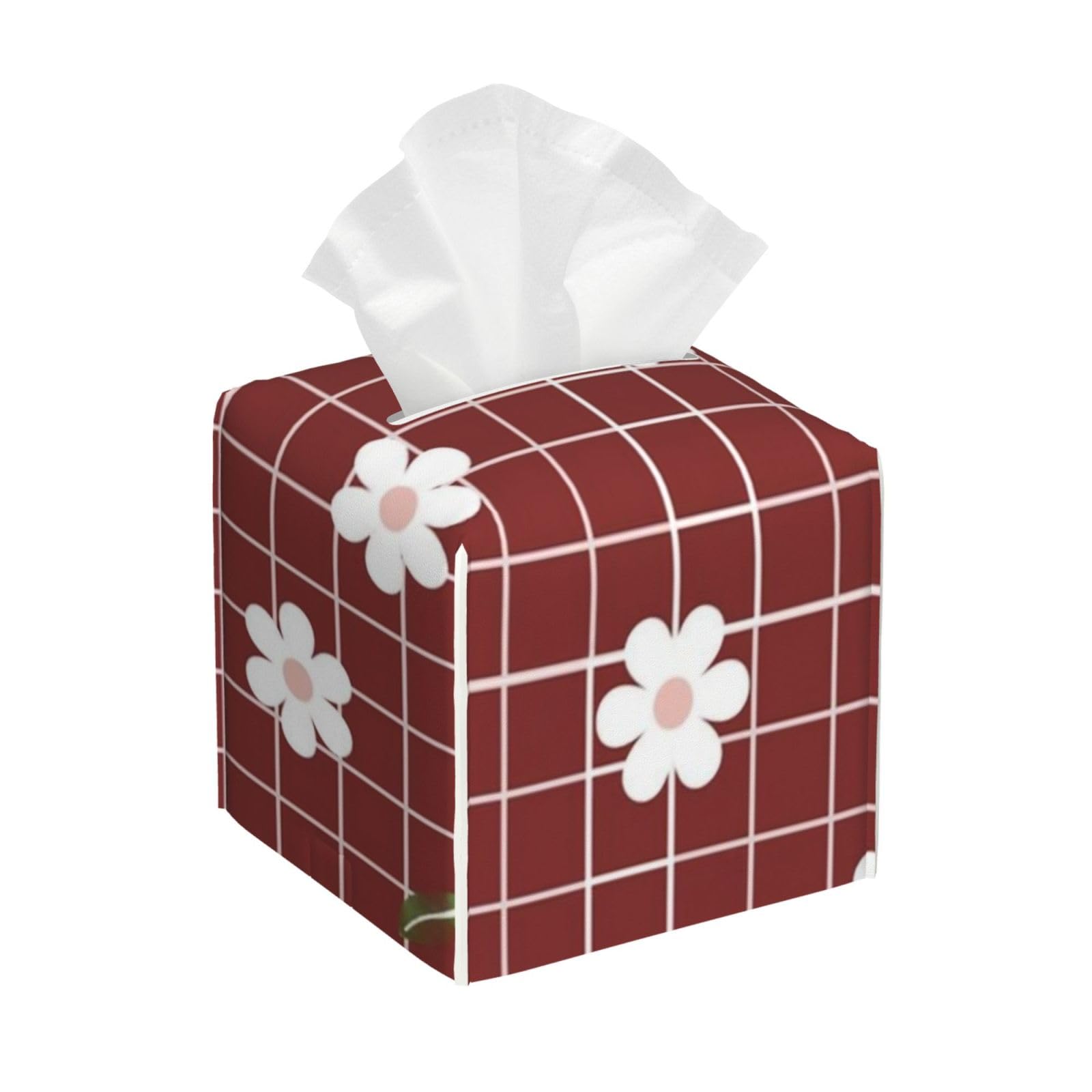 Cute Neutral Flowers Daisies Spring Flower Pattern Tissue Box Cover 5" Square Leather Tissue Holder Facial Tissue Case for Tabletop Bathroom Desk Decor