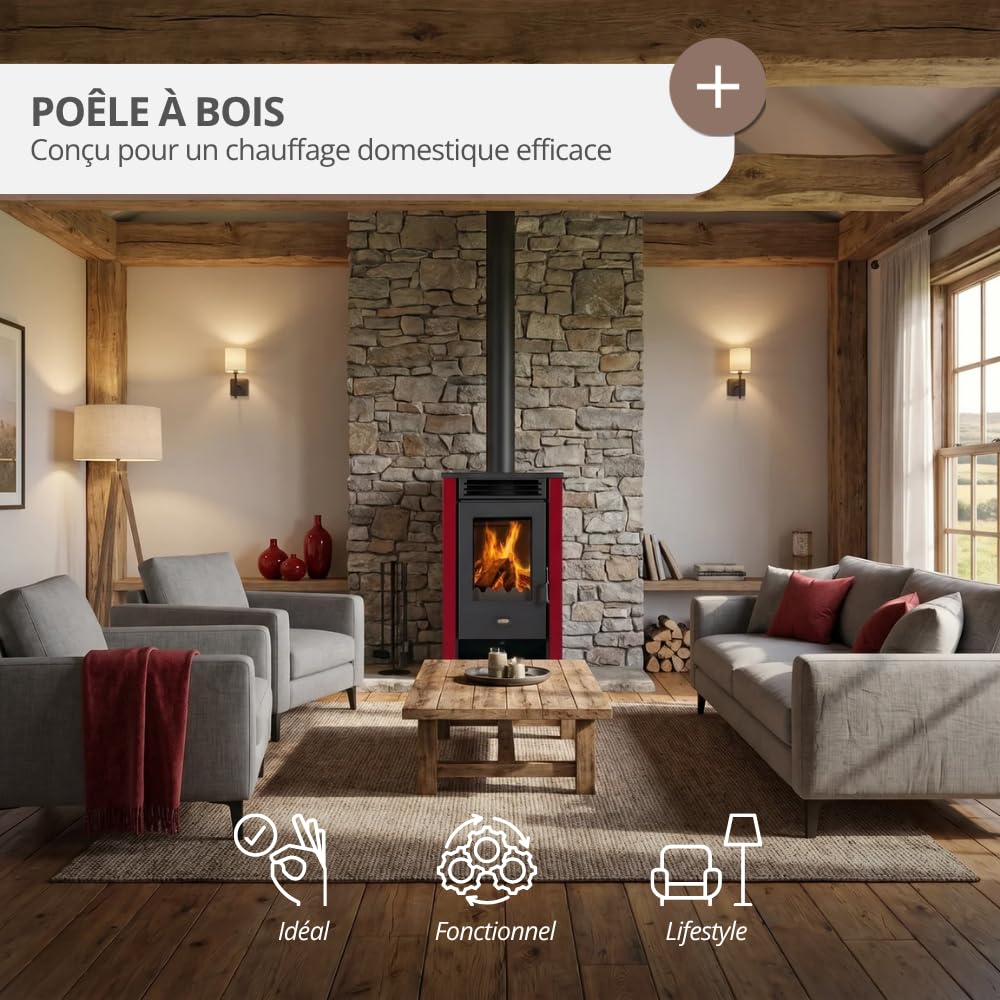Prity K2 GT Poêle à bois 8,1 kW, classe d'efficacité énergétique A+, rendement 80,4 %, tuyau de fumée Ø 150 mm, construction robuste en acier et fonte