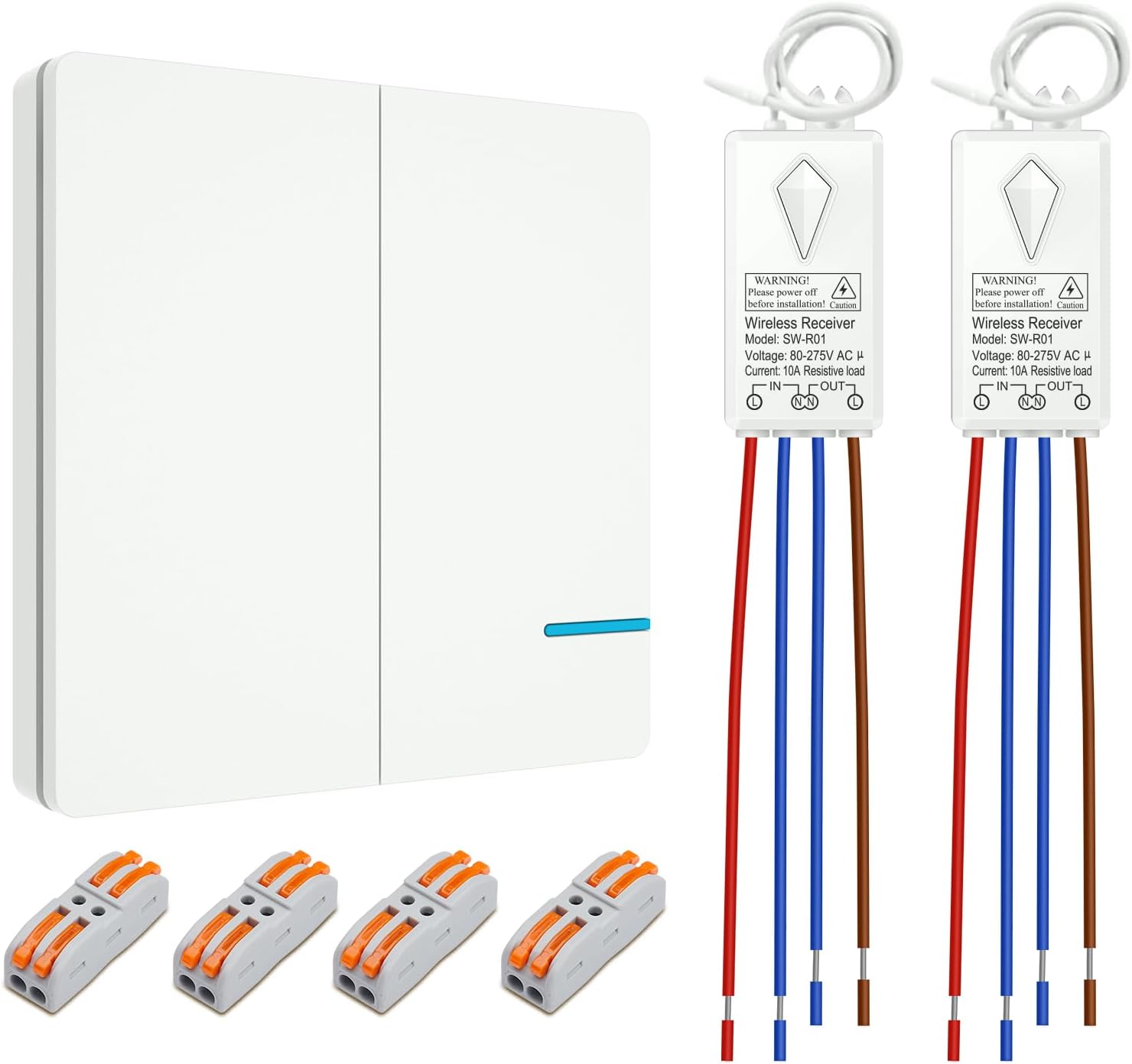 Wireless Light Switch for Light - 230V 2-Channel RF ON/Off Wall Switch with Small Receiver, IP66 Waterproof Remote Control for Lights Up to 1600ft Range, Integrated Up to 1000W