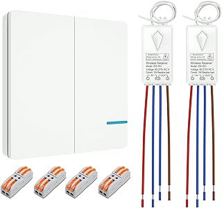 Thinkbee Funkschalter 230V Set 2 Kanal mit Empfänger, Funk Lichtschalter IP66 für Außen & Innen, Kabelloser Lichtschalter mit Fernbedienung für 2 Lampen bis zu 500m, Ohne Verkabelung Nachrüsten