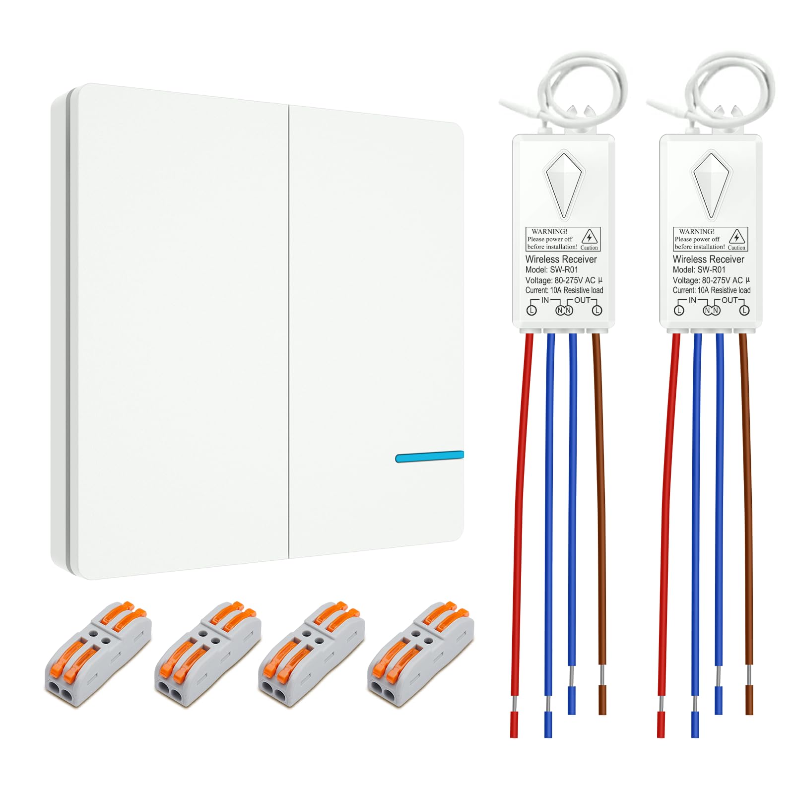 Thinkbee Funkschalter 230V Set 2 Kanal mit Empfänger, Funk Lichtschalter IP66 für Außen & Innen, Kabelloser Lichtschalter mit Fernbedienung für 2 Lampen bis zu 500m, Ohne Verkabelung Nachrüsten