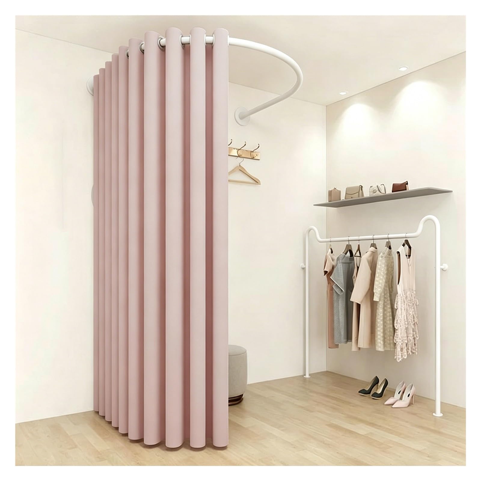 ZJKXJH Boutique Fitting Room Partition Curtain Rod, Wall Mount U Shaped Heavy Duty Curved Rail for Clothing Store, Privacy Partition Curtain Rod(With D Curtains,White Rod 110cm/43.3in)