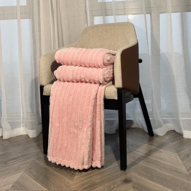 Luxury Faux Fur Ribbed Blanket Sofa Large Throw - Thermal Warm & Cosy Thick King Fluffy Throws - Double Fleece Blanket Throw For Sofa Bed Couch (Pink, King)