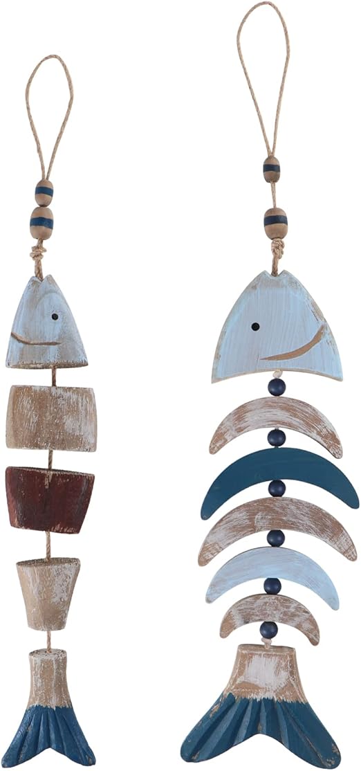 Sanbege 2 Pcs Fish Bones Wall Decor, Hanging Wooden Fish Ornaments
