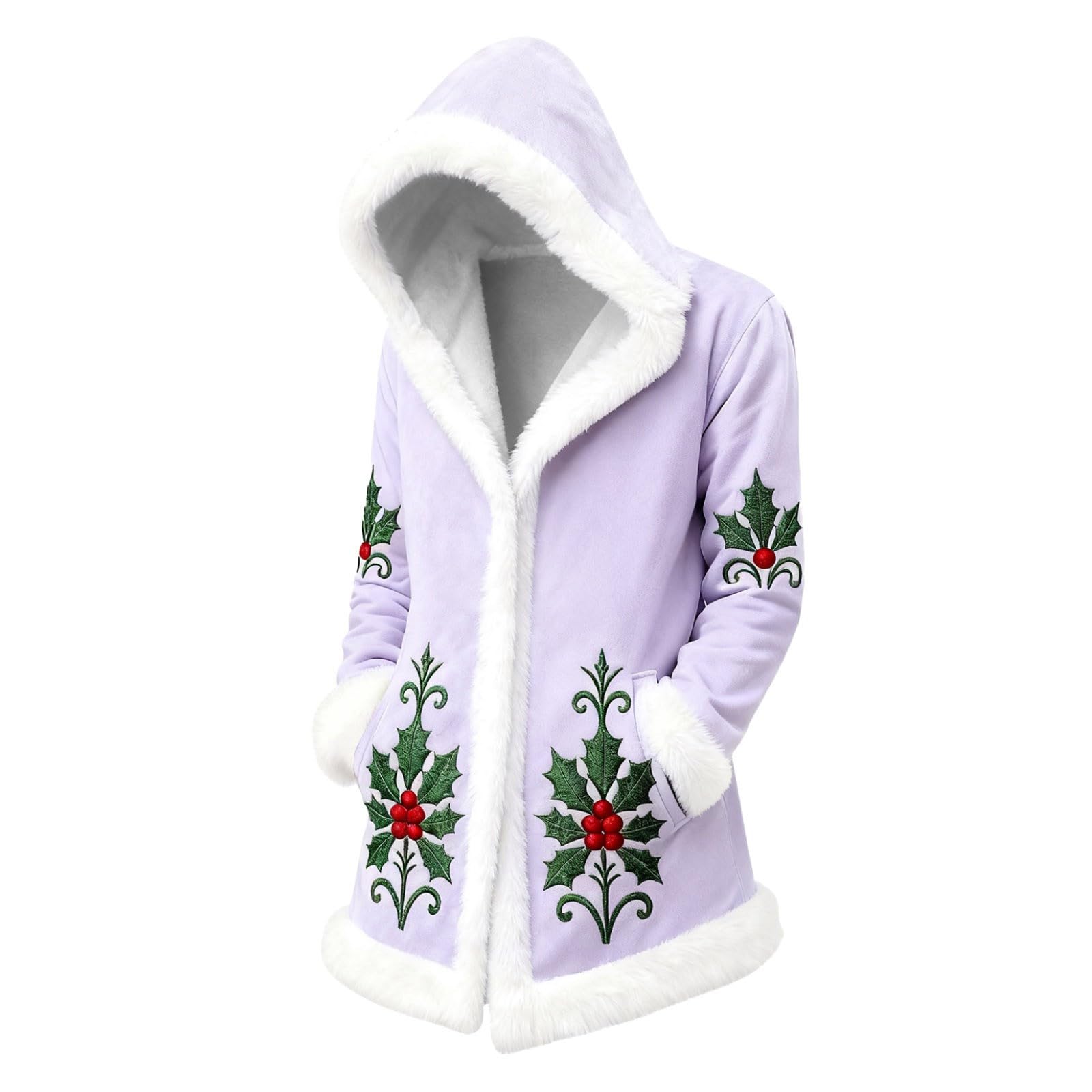 Red Velvet Christmas Costume for Men Red Hooded Cape Santa Coat Plush Lining Long Sleeve Longline Soft Warm Fluffy Festival Holiday Party Xmas Winter Cardigan