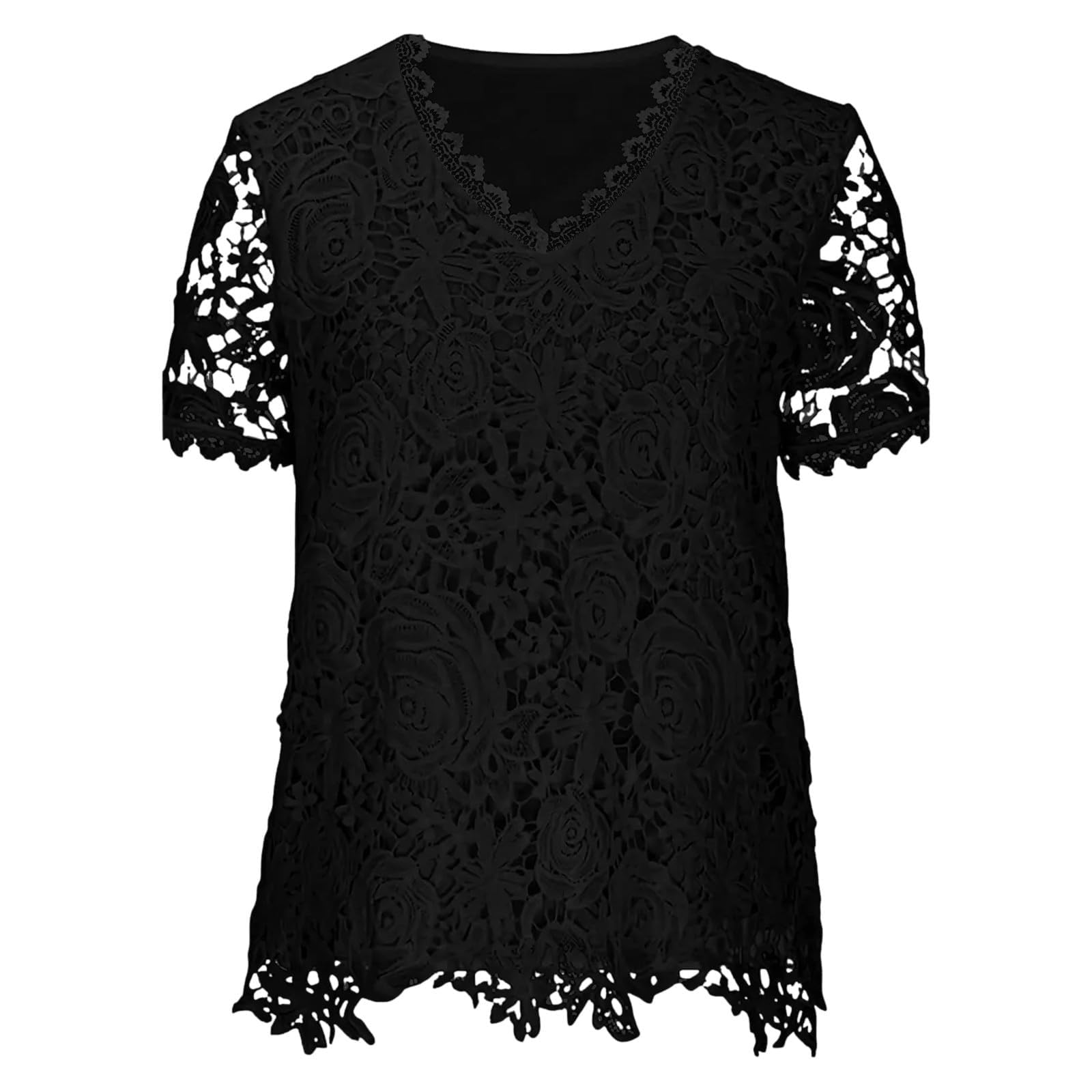 Top Estivi da Donna Camicie da Lavoro Eleganti a Maniche Corte con Ricami in Pizzo all'Uncinetto T-Shirt Eleganti(Black,XL)