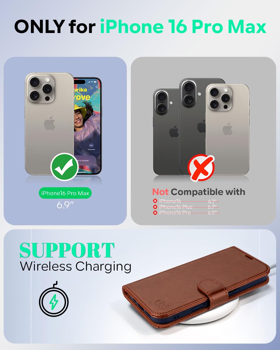 OCASE for iPhone 16 Pro Max Case, PU Leather Wallet, Magnetic Flip Folio Cover with RFID Blocking, Card Holders - Image 2