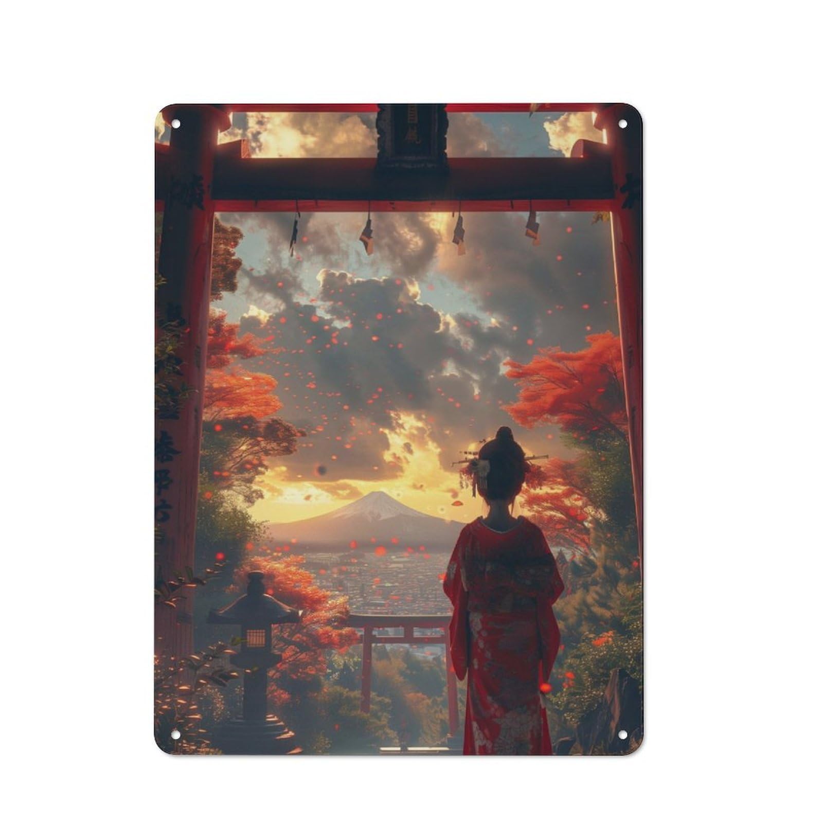 Junmoney Geisha View Torii And Fuji Retro Metal Wall Sign 40X30cm With For Bar Or Restaurant, Gift Idea For A New Home And Metal Sign Collection