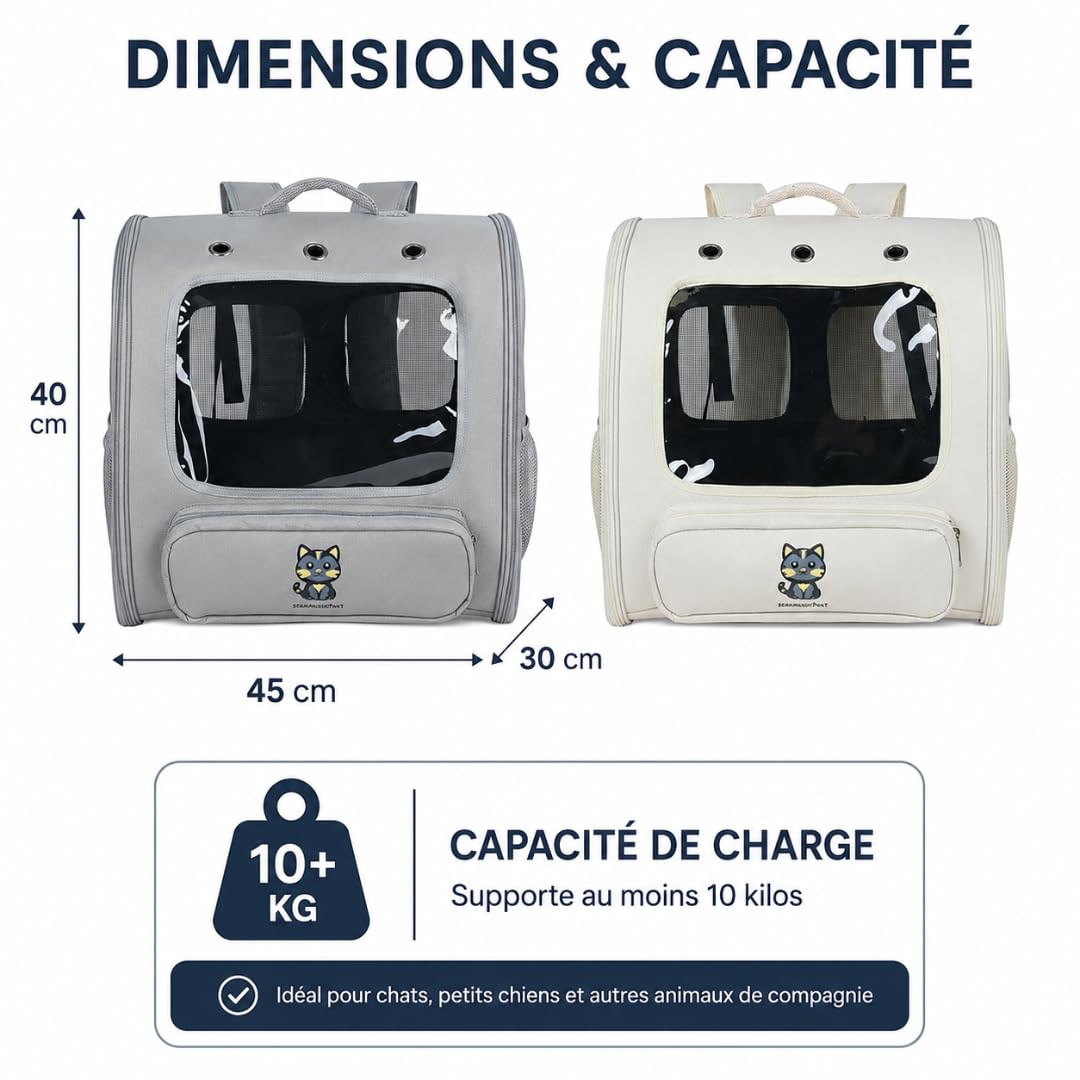 Sac de Transport pour Chat avec fenêtre panoramique – Structure Rigide, Ventilation Multiple – 45×30×40 cm (Gris foncé)