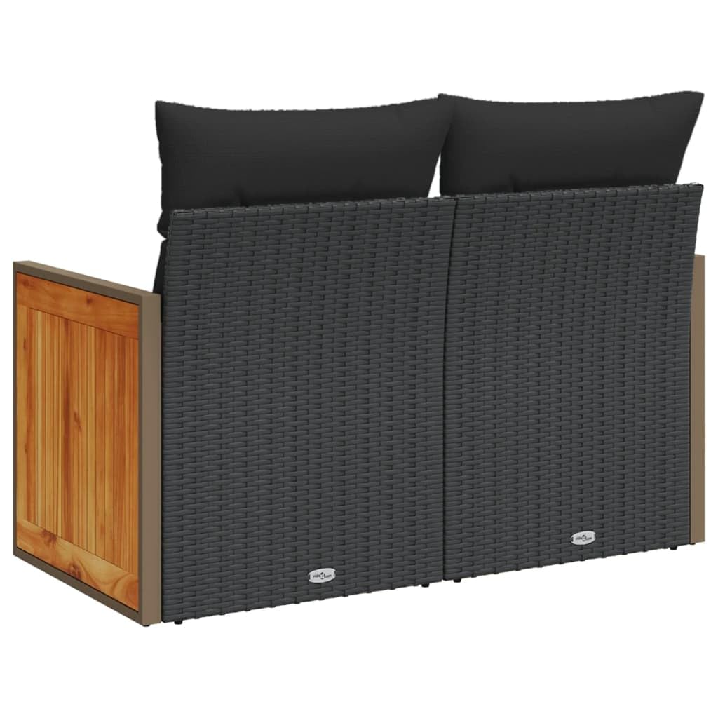 Divano da giardino a 2 posti, nero, in polyrattan con cuscino e schienale, resistente alle intemperie, per balcone, terrazza e giardino d'inverno