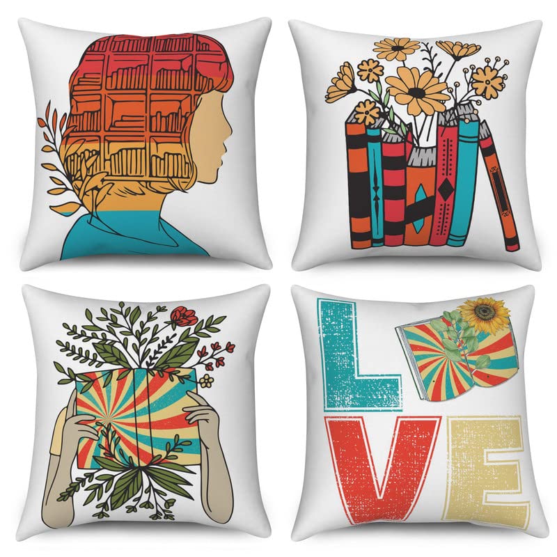 Photo 1 of Abstract Boho Pillow Covers 16x16 Inch 4pcs, Watercolor Multi-Colored Throw Pillow Covers with Books Flowers and Love, Decorative Suqare Rustic Farmhouse Accent Pillowcase for Couch Sofa Home Decor Abstract Boho 16"x16"
