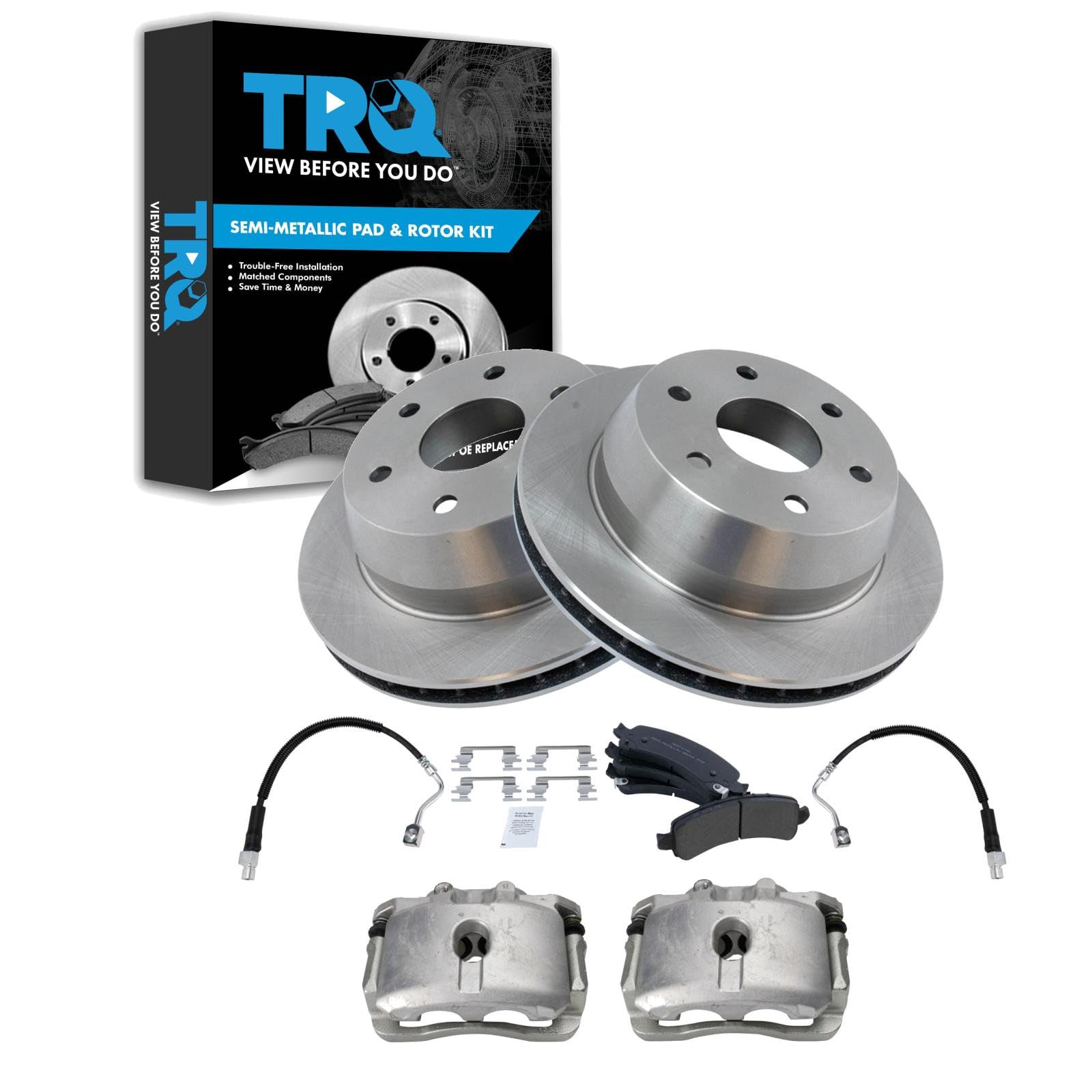 TRQ Rear Brake Pad, Caliper, Hose, &amp; Rotor Kit Semi-Metallic Compatible with 2003-2009 Chevrolet Express 1500 2003-2013 GMC Savana 1500