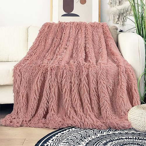 Image of Tuddrom Decorative Extra Soft Faux Fur Blanket Twin Size 70 inch x 78 inch,Solid Reversible Fuzzy Long Hair Shaggy Blanket,Fluffy Cozy Plush Fleece Comfy Microfiber Blanket for Couch Sofa Bed,Peach Whip