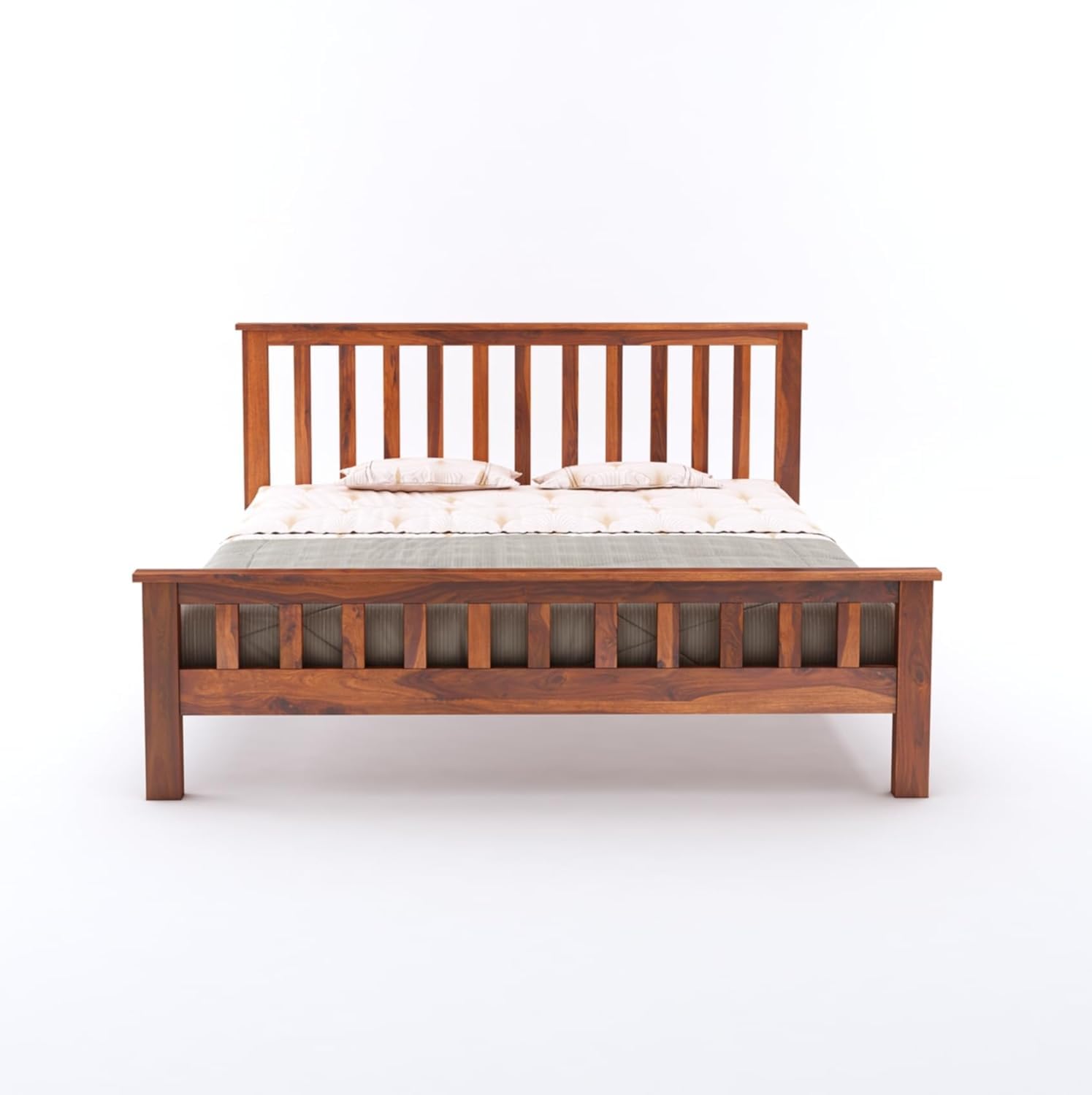 solid teak wood king size bed with slatted headboard, walnut finish | sheesham wood, classic design, sturdy frame, bedroom furniture, slatted footboard