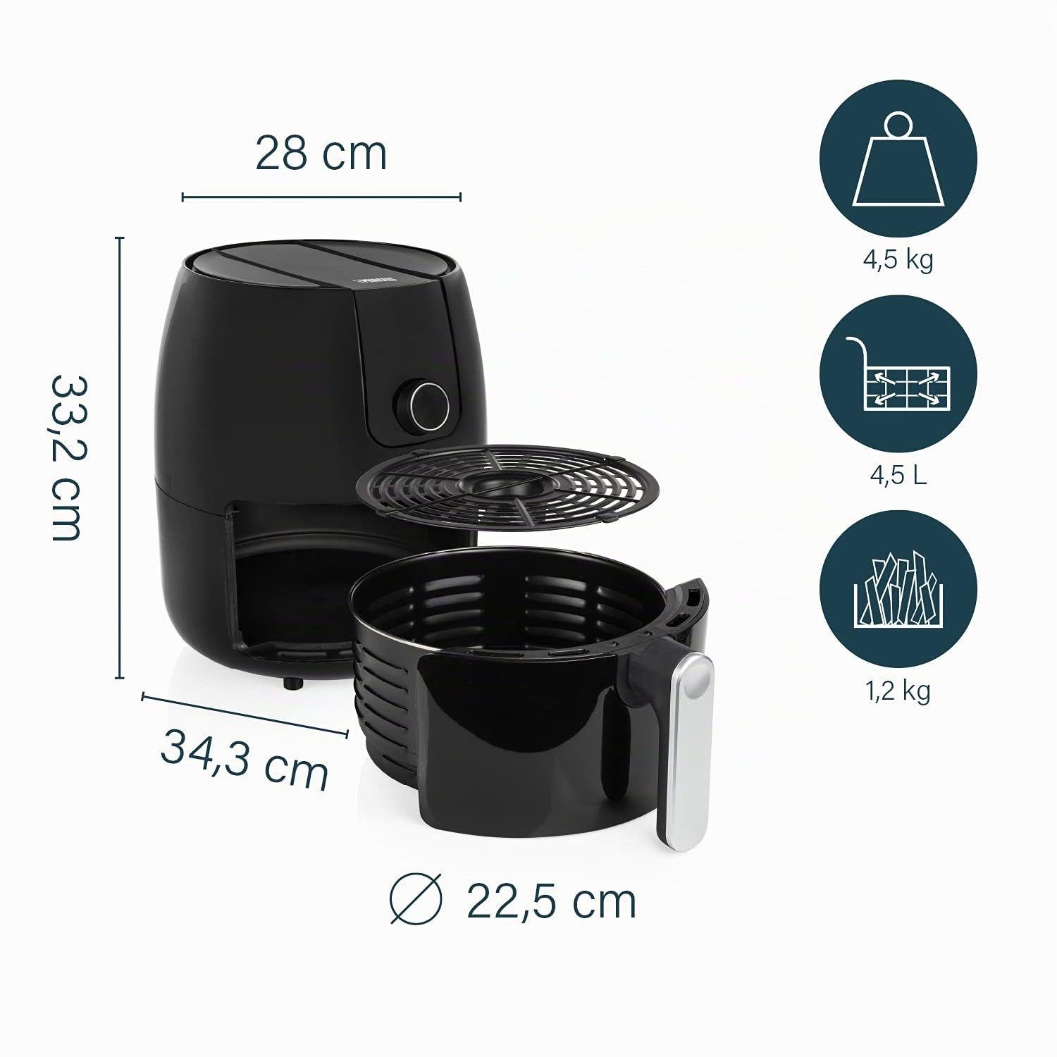 Princess 182025 Digital Aerofryer XXL - Freidora de Aire Caliente Fácil de Limpiar, Capacidad 4.5 Litros, 1500 W, Negro