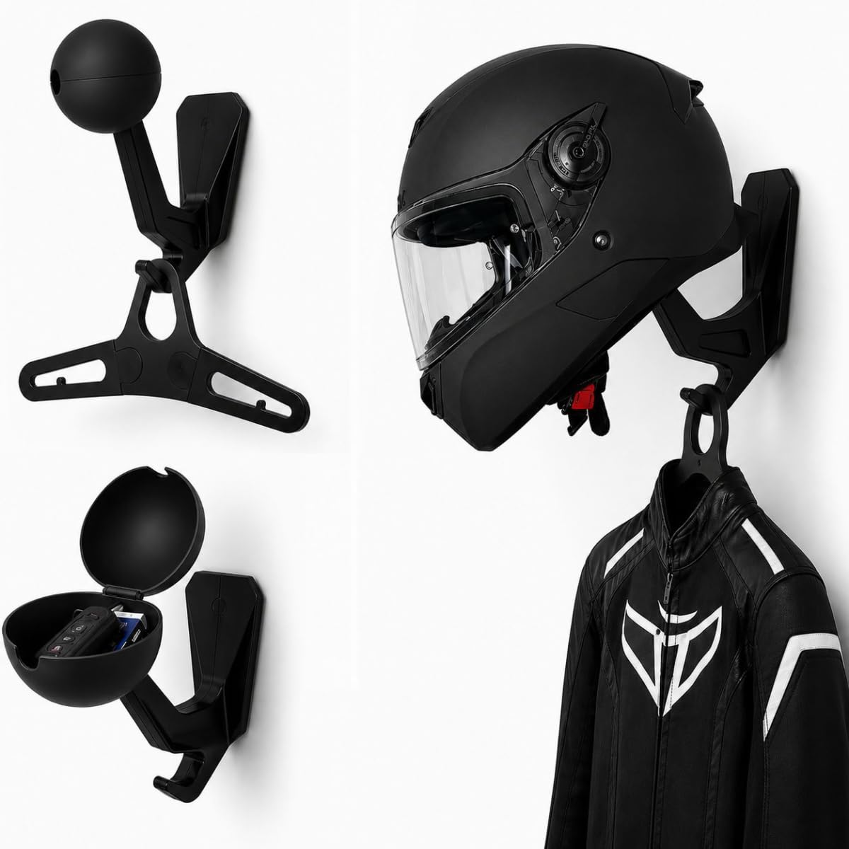Supporto da Parete per Casco da Moto – Porta Casco Moto da Parete 3 in 1 con Porta Oggetti e Gancio Giacca – Appendi Casco Moto da Parete Resistente per Casco Moto e Casco Bici