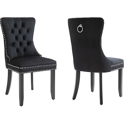 Dining Chairs Set of 2, Upholstered Accent Chair Button Tufted Armless Chair with Back Ring Pull and Nailhead Trim, Seat Height 20" (Black)