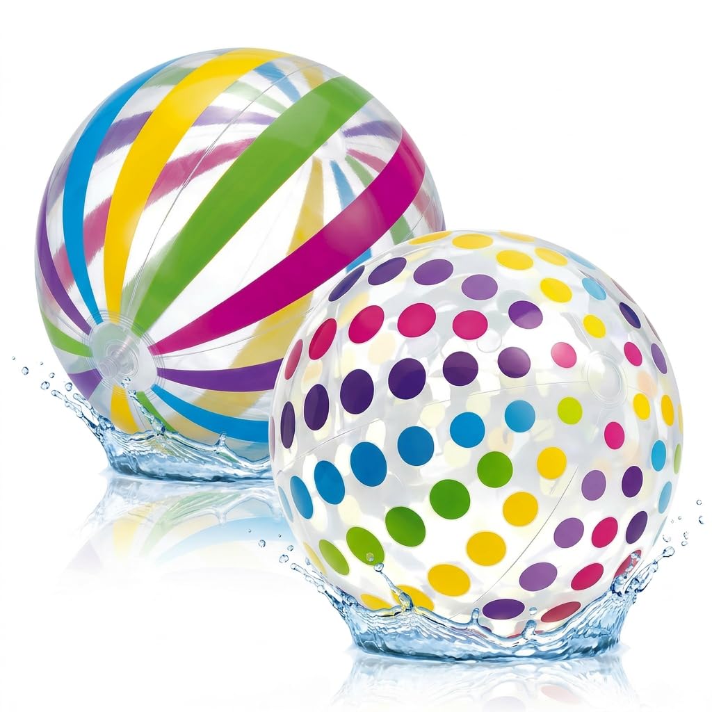 2 Pcs Beach Ball Inflatable 11 Inch Rainbow Beach Balls Small Water Ball with Colorful Polka Dots Transparent Blow Up Balls for for Adults Swimming Pool Games Summer Outdoor Activity Party Supplies