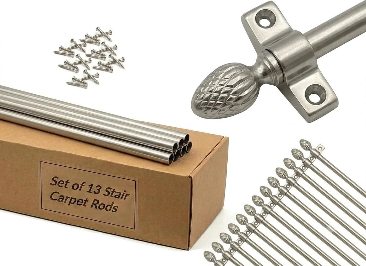 Set of 13 Stair Carpet Rods with Pine Finials โ Durable Brass-Finished Metal, Suitable for Carpet Runners Up to 70 cm Wide, Easy Installation (Satin Chrome) โ image 1