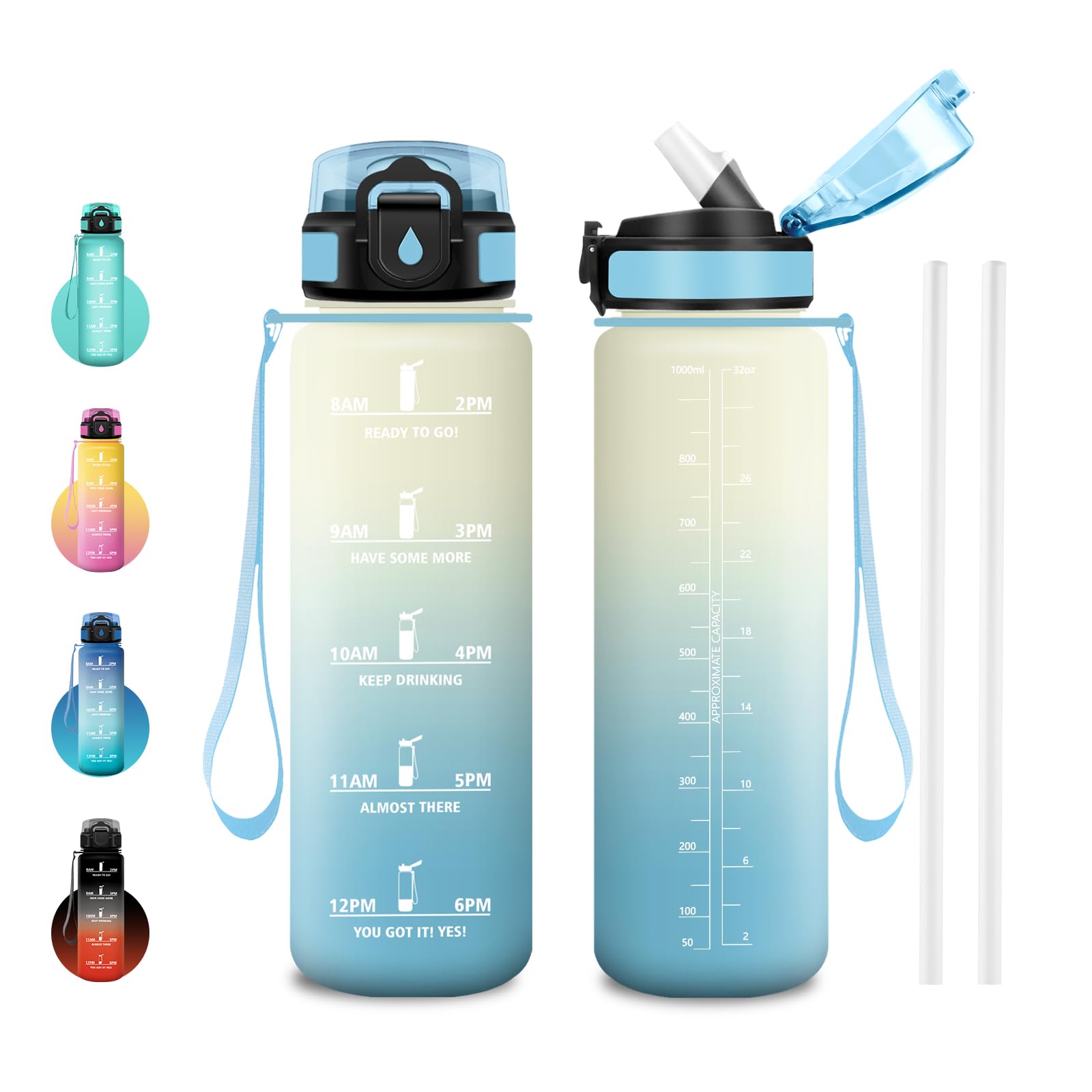 JAPORIA 1L Water Bottle Reusable Gym Water Bottle with Time Marker Straw BPA Free Leak Proof Camping Office