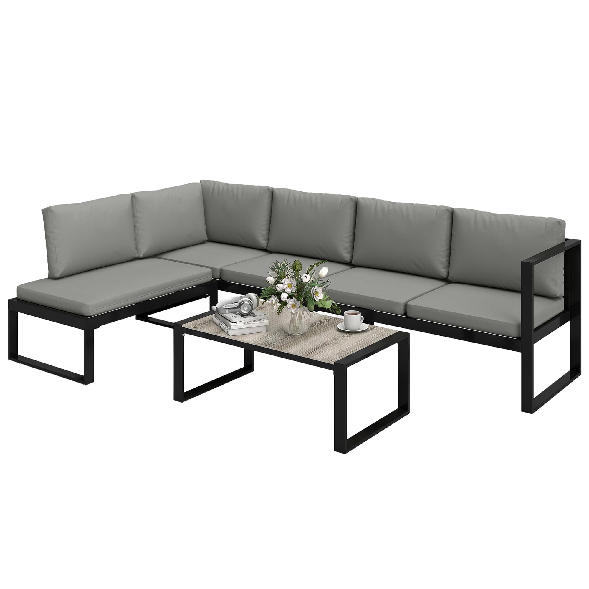 Outsunny Salon de Jardin Extérieur d'angle Modulable 5 Personnes Gris