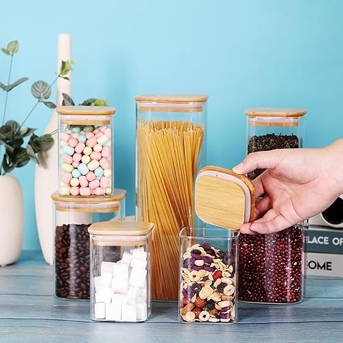Miniatura 6 de LEAVES AND TREES Y Recipiente de almacenamiento de vidrio con tapa de madera, juego de 7 tarros cuadrados de vidrio con tapas de bambú, recipientes