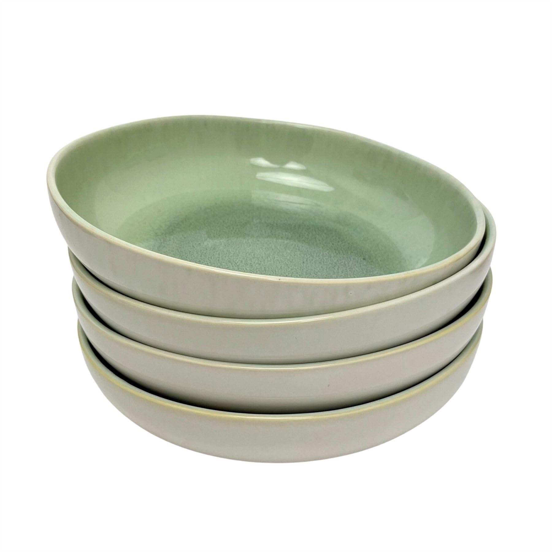 Carousel Home Set of 4 Green Stoneware Deep Plates, 22cm Reactive Glaze Pasta Bowls, Shallow Kitchen Dishes