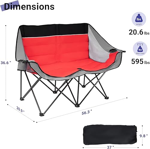 Miniatura 3 de Double Camping Chair Outdoor 2-Seater Oversized 2 Person Portable Folding Lawn Chair with Cup Holders & Mesh Storage Pocket for Picnic, Camping,