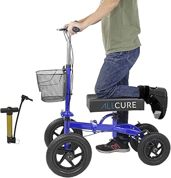 Quad All Terrain Foldable Medical Steerable Knee Walker Scooter، Blue، Walking Aid Roller for Foot Injuries، Height Recutable Crutch Alternative، Deluxe Brake System & Basket