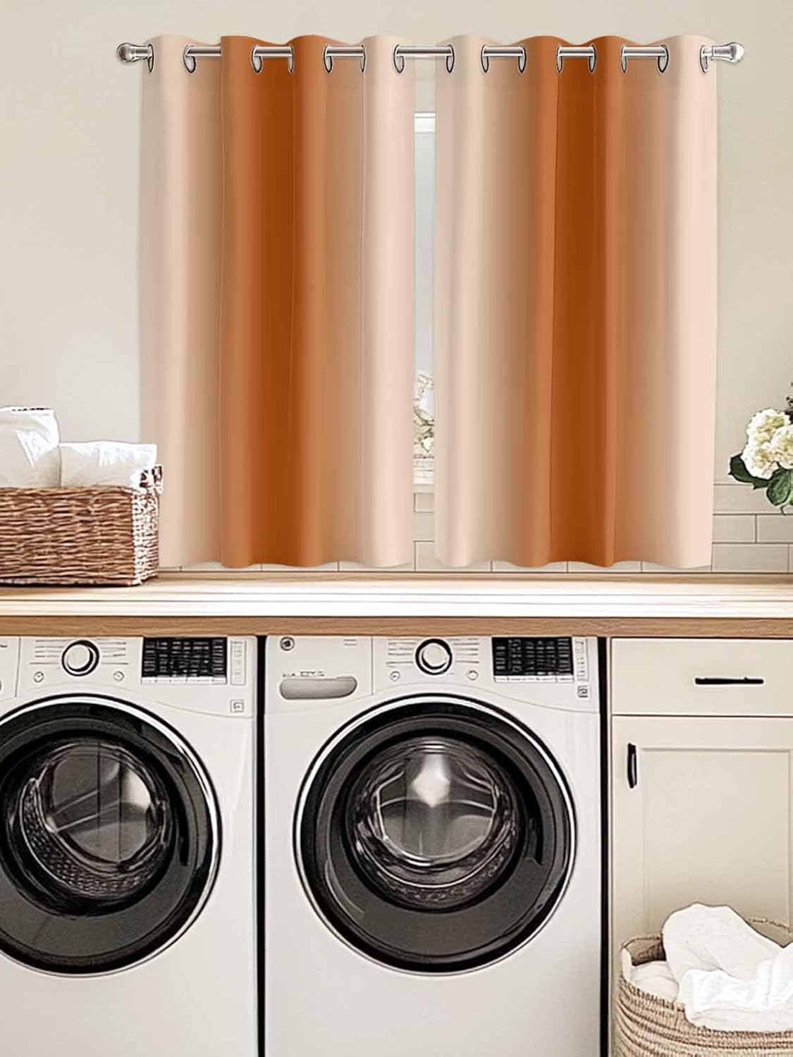 Burnt Orange Ombre Blackout Window Curtains 63 Inch Length 2 Panels Set, Farmhouse Orange Gradient Grommet Top Window Curtain for Living Room/Bedroom, Modern Art Thermal Insulated Drapes 52x63 In