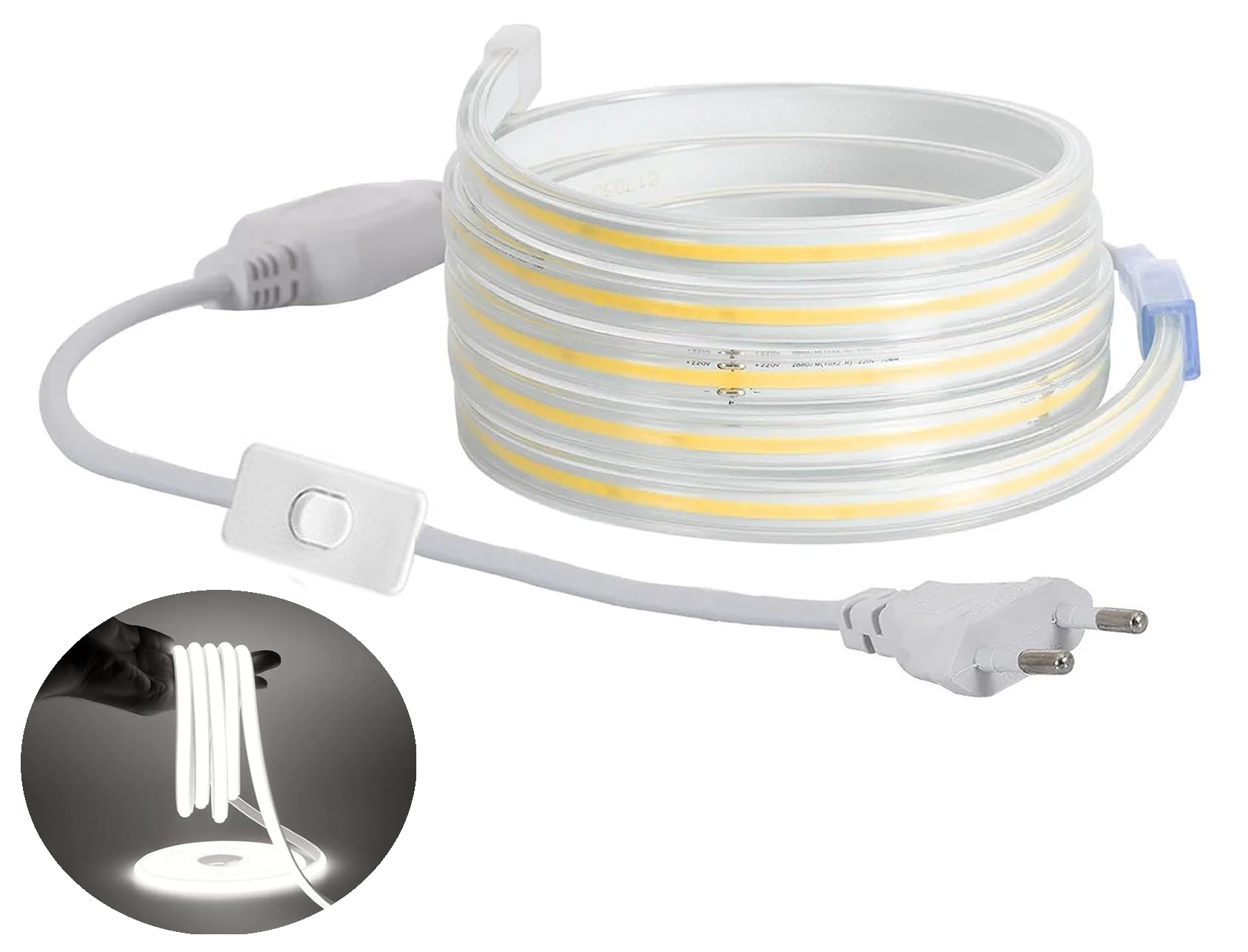 COB LED Stripe Set, LED Streifen Band Lichtschlauch Leiste Kette, Teilmöglichkeit aller 10 cm, 360LEDs pro Meter, IP20 Netzkabel mit Eurostecker (50 Meter, Kaltweiß (6000K), mit Schalter)