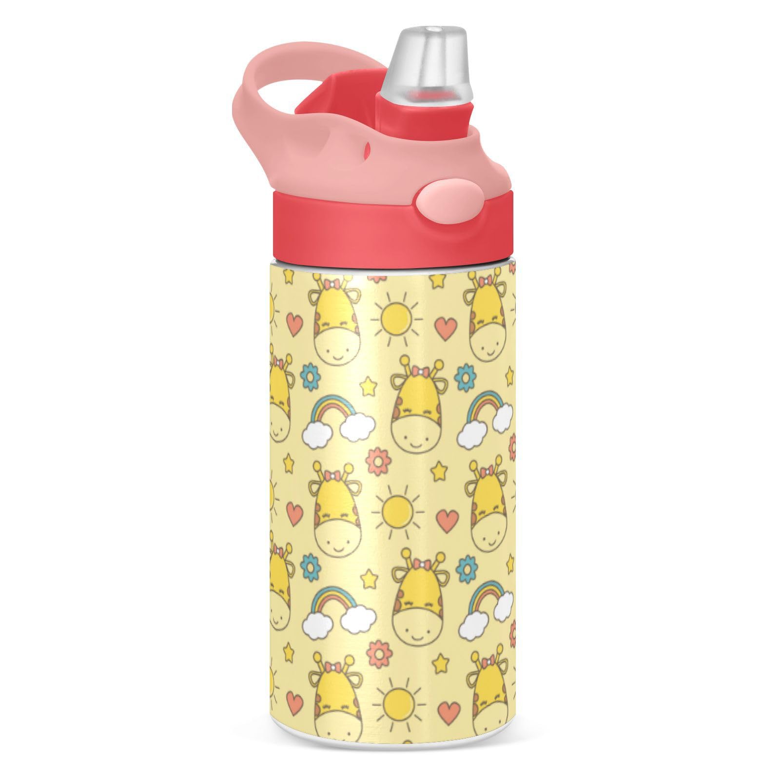 Kigai Borraccia termica per bambini con giraffa dei cartoni animati, in acciaio inox, con coperchio con cannuccia, 350 ml, senza BPA, a prova di perdite, a tenuta stagna, per ragazzi e ragazze